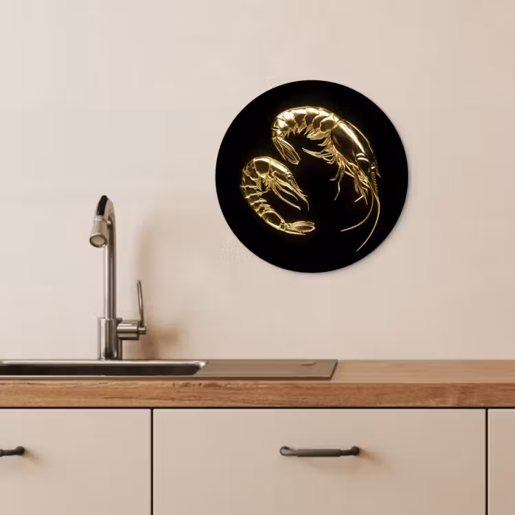 Quadro rotondo - Gamberi - Nero - Oro - Animali — 2