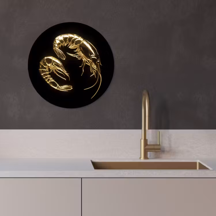 Quadro rotondo - Gamberi - Nero - Oro - Animali — 3