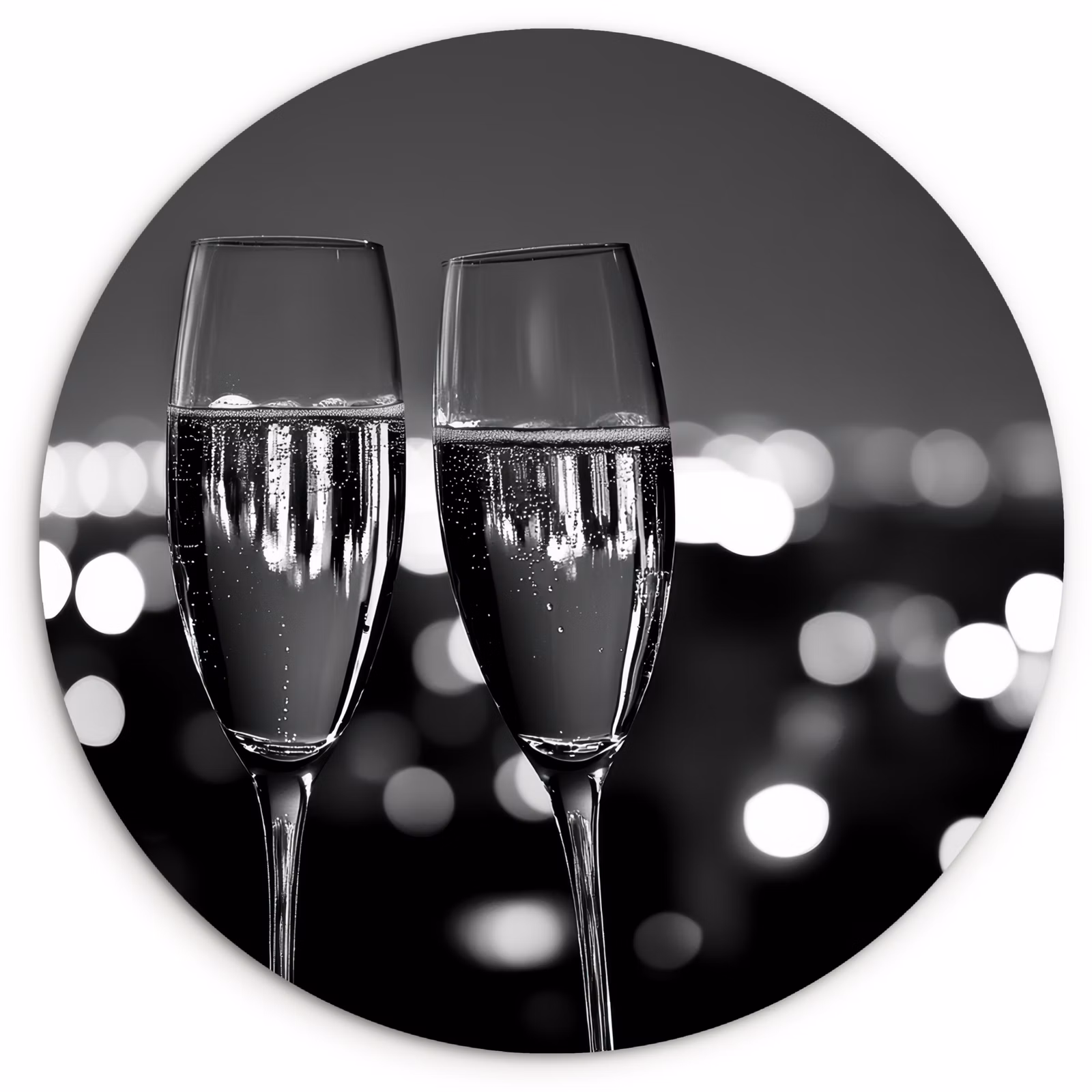 Quadro rotondo - Bollicine - Cin cin - Bicchieri da champagne - Luci della città — 1