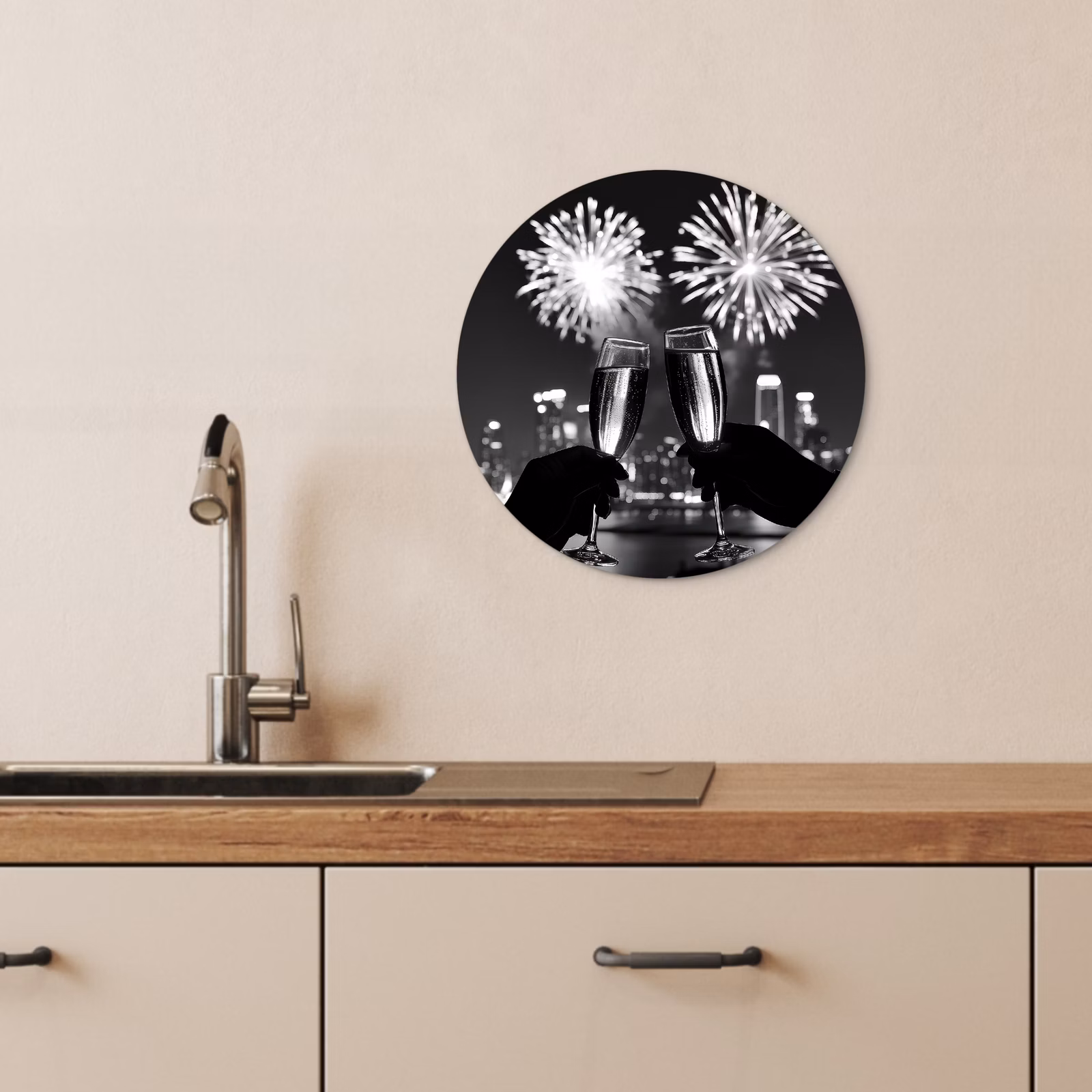 Quadro rotondo - Fuochi d'artificio - Cin cin - Skyline - Champagne — 1