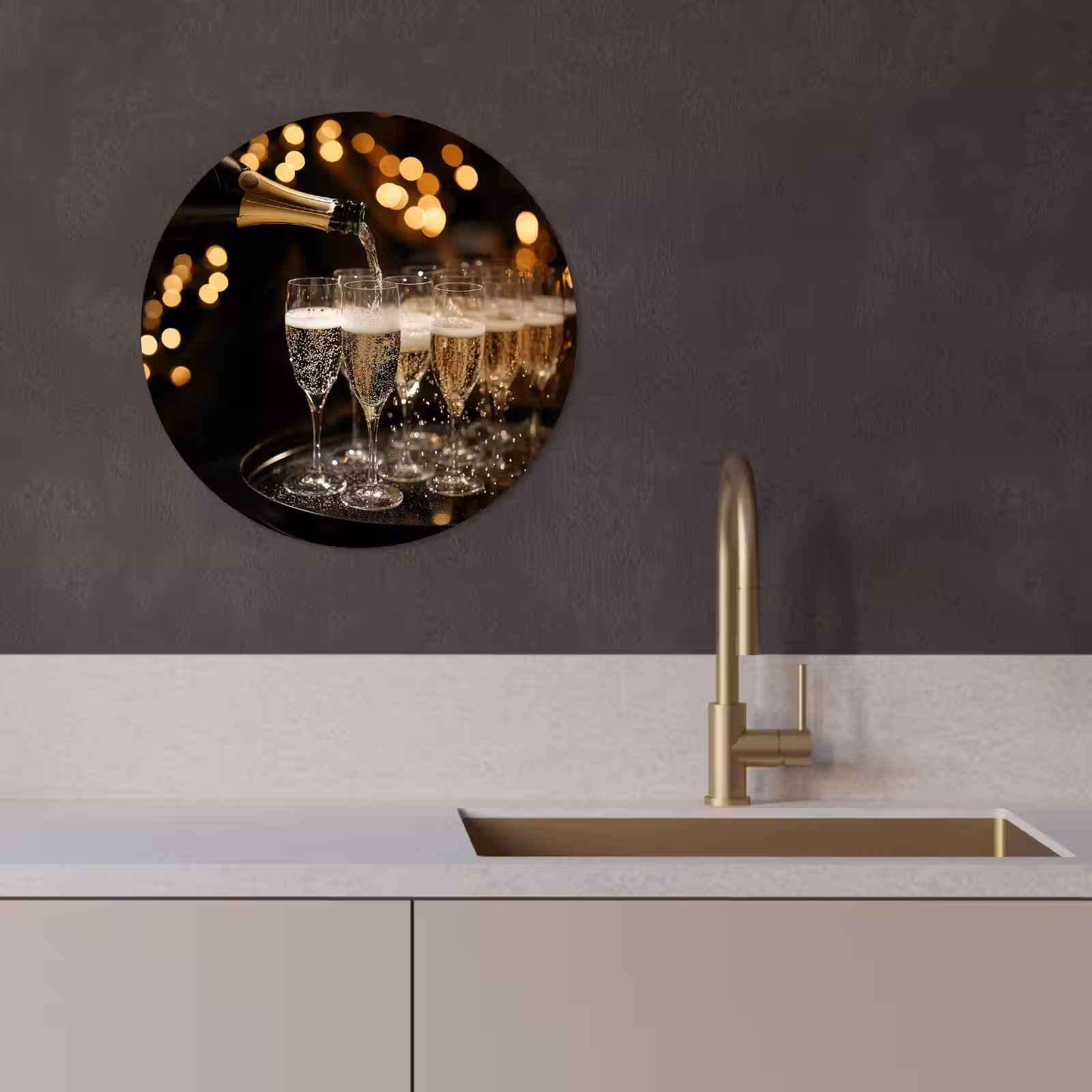 Quadro rotondo - Luci - Champagne - Vassoio - Bicchieri — 1