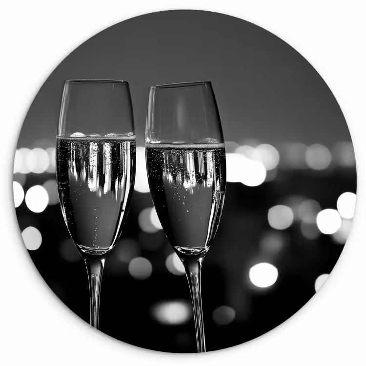 Quadro rotondo - Bollicine - Cin cin - Bicchieri da champagne - Luci della città — 1