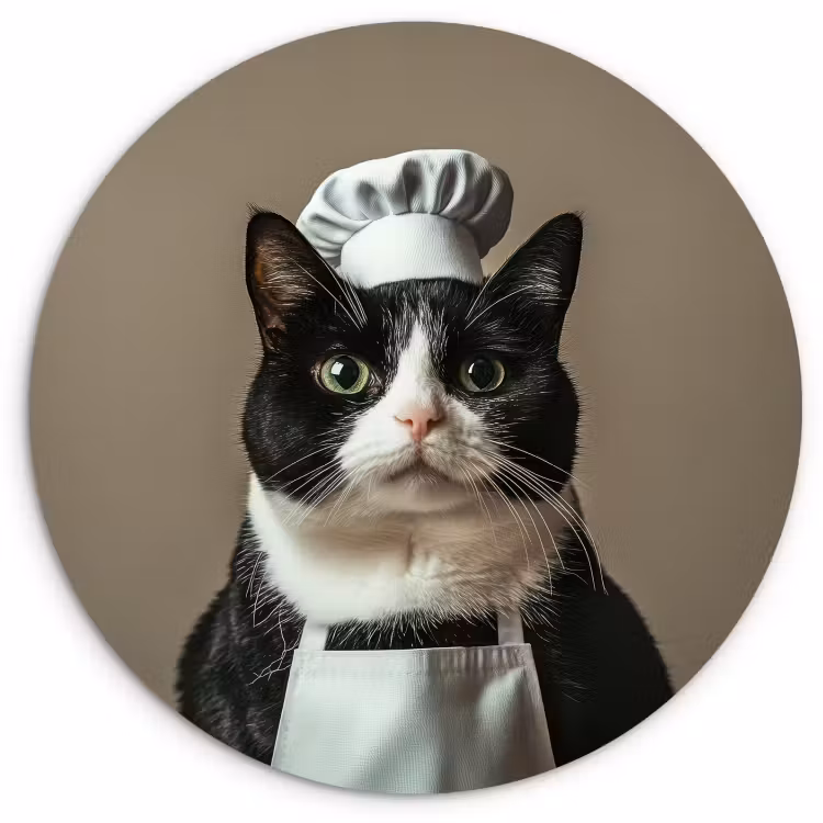Quadro rotondo - Gatto - Abbigliamento da chef - Nero - Bianco — 1