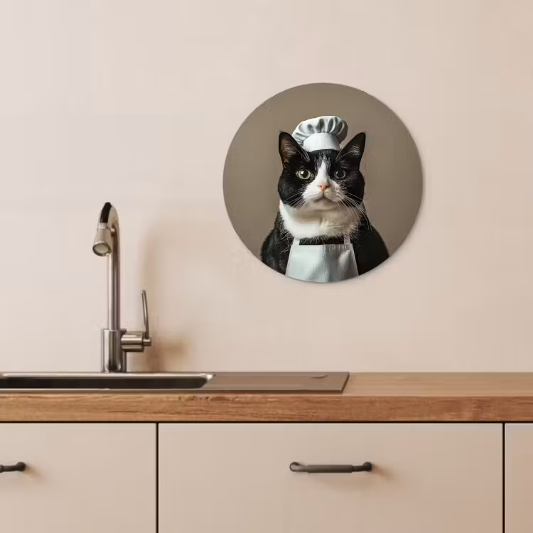 Quadro rotondo - Gatto - Abbigliamento da chef - Nero - Bianco — 2