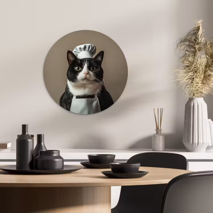 Quadro rotondo - Gatto - Abbigliamento da chef - Nero - Bianco — 3