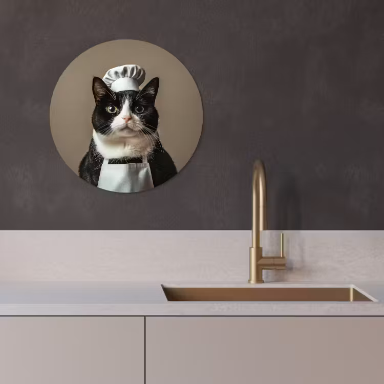 Quadro rotondo - Gatto - Abbigliamento da chef - Nero - Bianco — 4