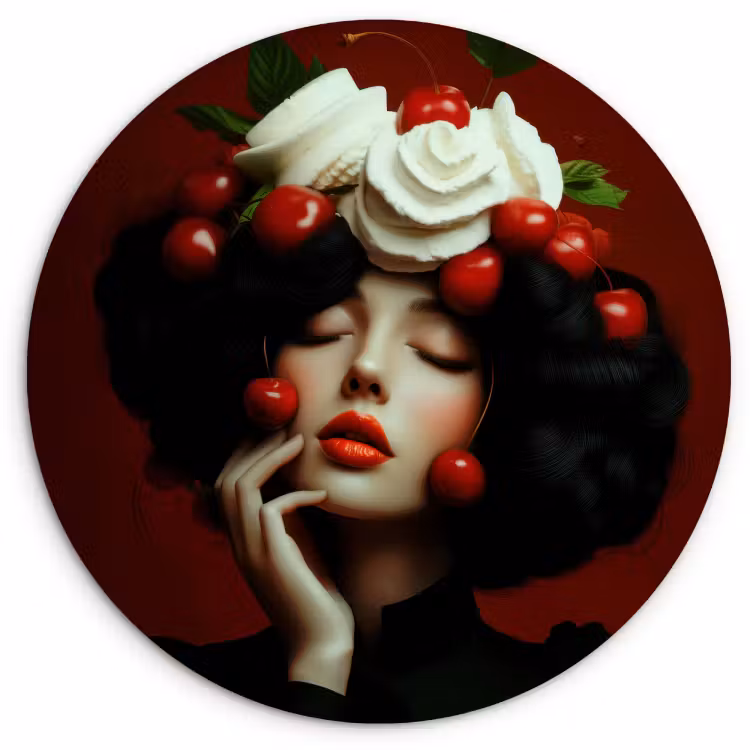 Quadro rotondo - Donna - Ciliegie - Panna montata — 1