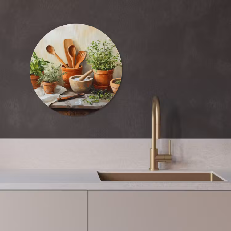 Quadro rotondo - Vasi - Erbe - Legno — 1