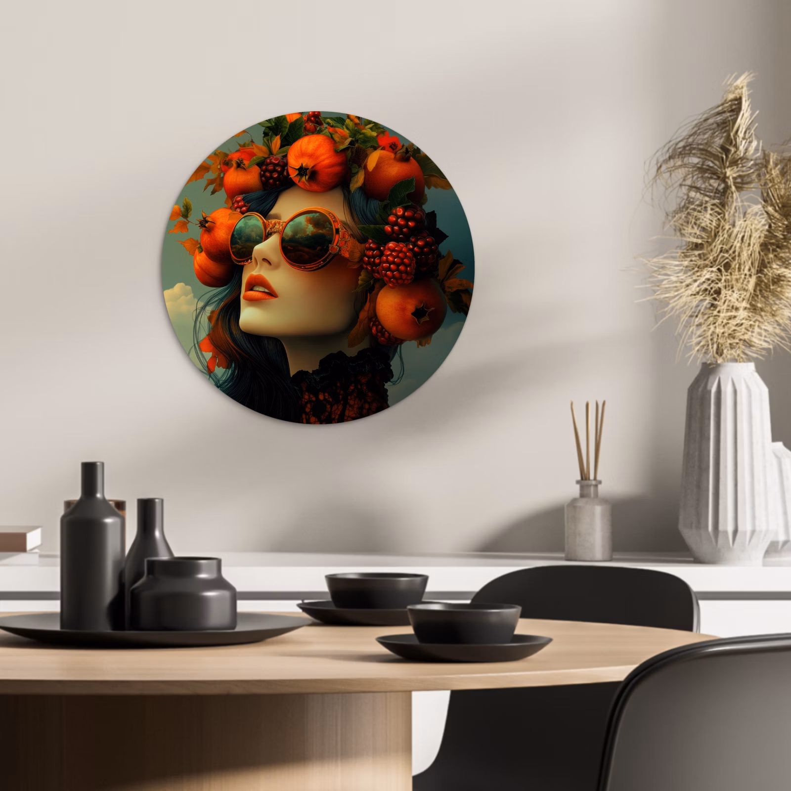 Quadro rotondo - Donna - Melograno - Autunno - Occhiali da sole — 1
