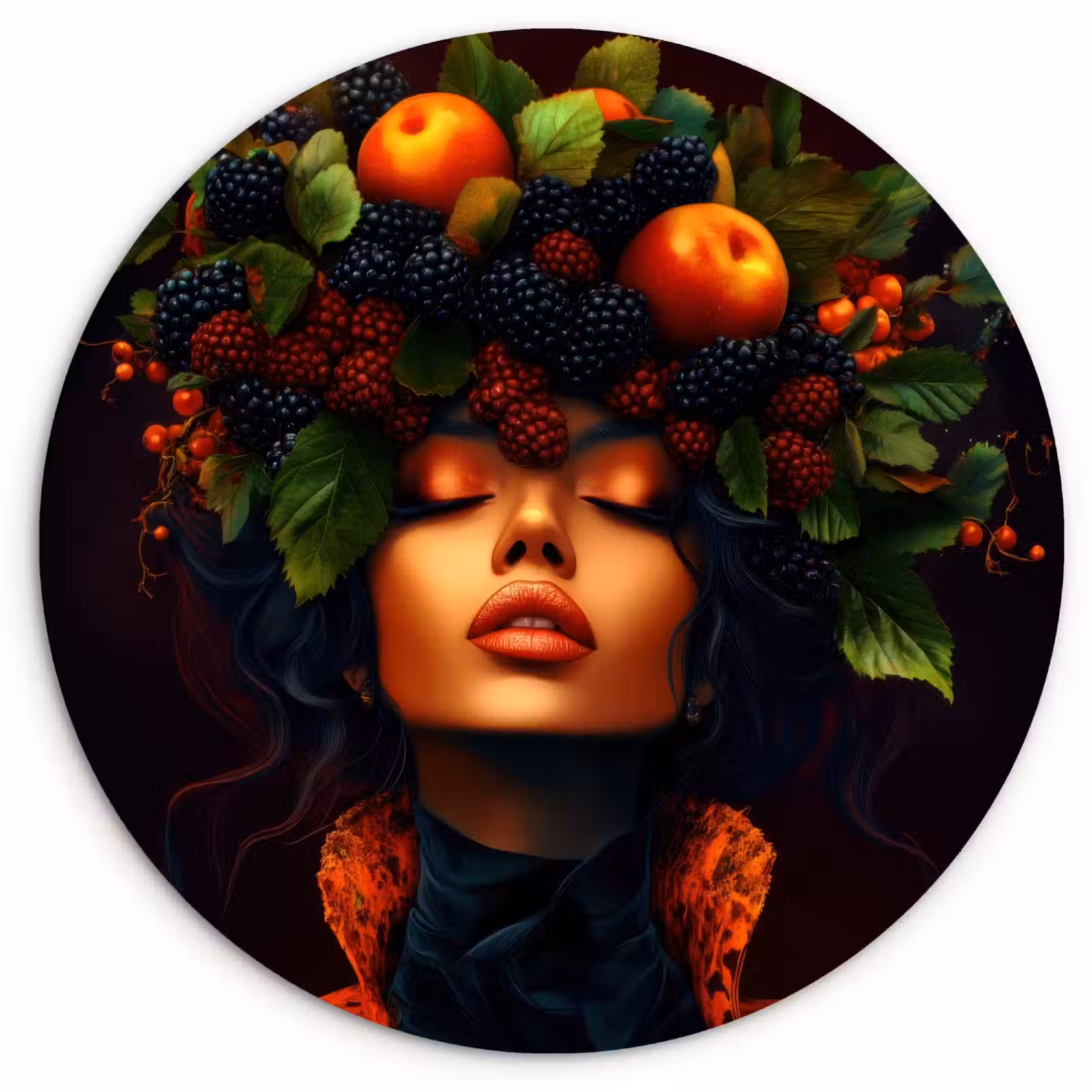 Quadro rotondo - Donna - Nero - Bacche - Mele — 1
