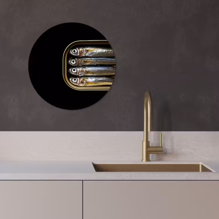 Quadro rotondo - Sardine - Lattina - Nero - Pesce — 2