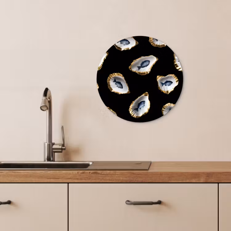 Quadro rotondo - Ostriche - Pesce - Blu - Oro — 2