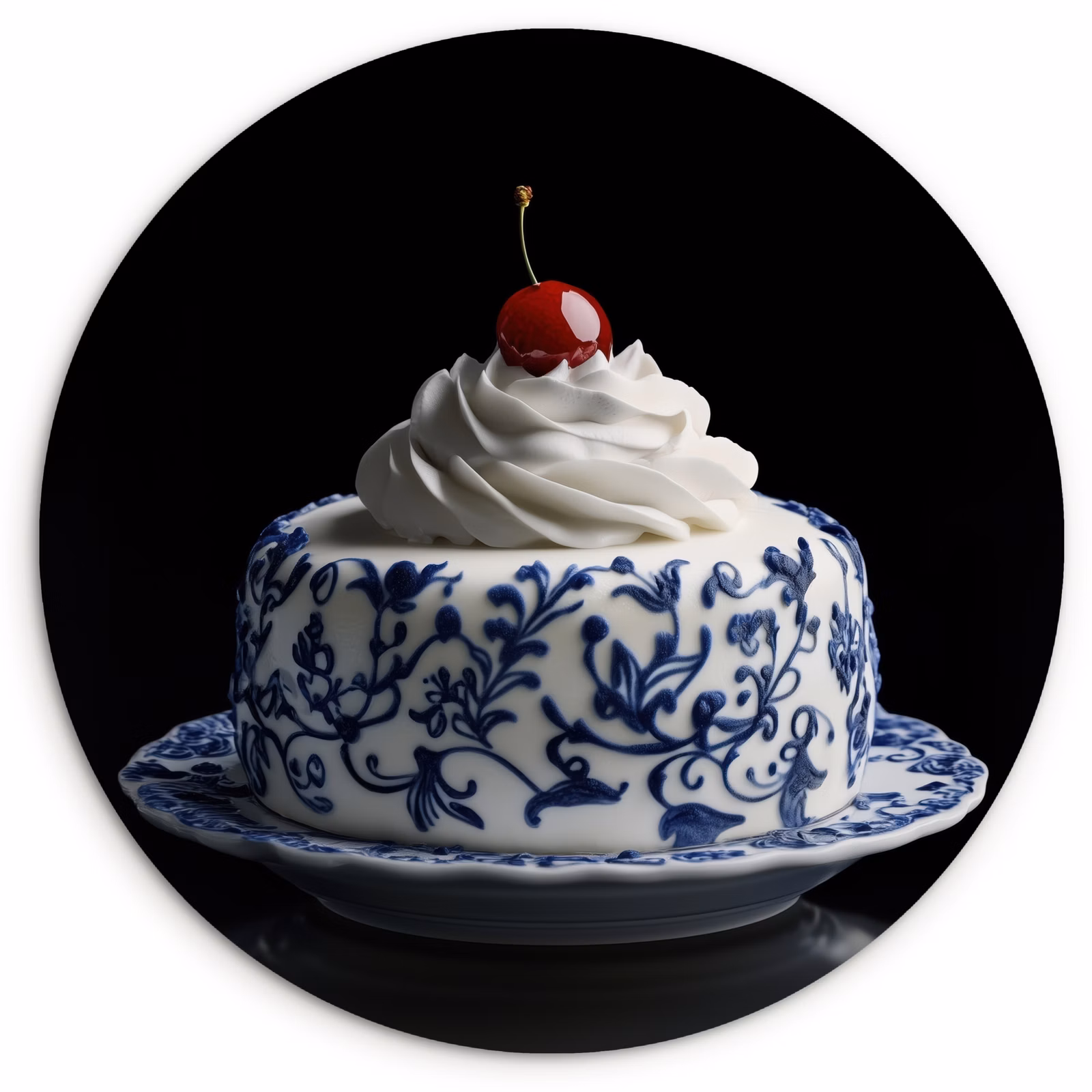 Quadro rotondo - Torta - Panna montata - Ciliegia - Piatto - Blu Delft — 1