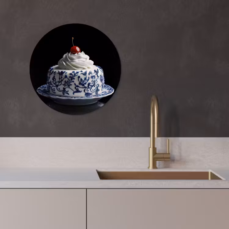 Quadro rotondo - Torta - Panna montata - Ciliegia - Piatto - Blu Delft — 3