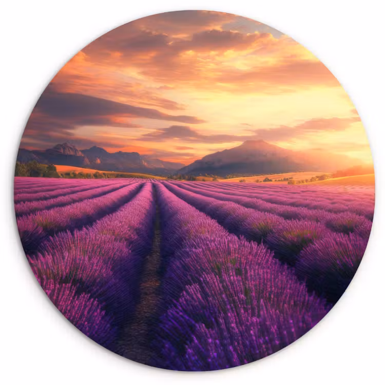 Quadro rotondo - Campo di lavanda - Tramonto - Viola — 1