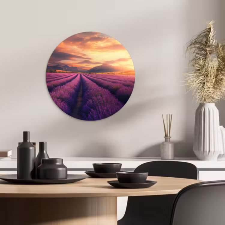 Quadro rotondo - Campo di lavanda - Tramonto - Viola — 2