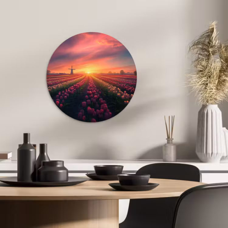 Quadro rotondo - Mulino a vento - Tramonto - Paesaggio — 1
