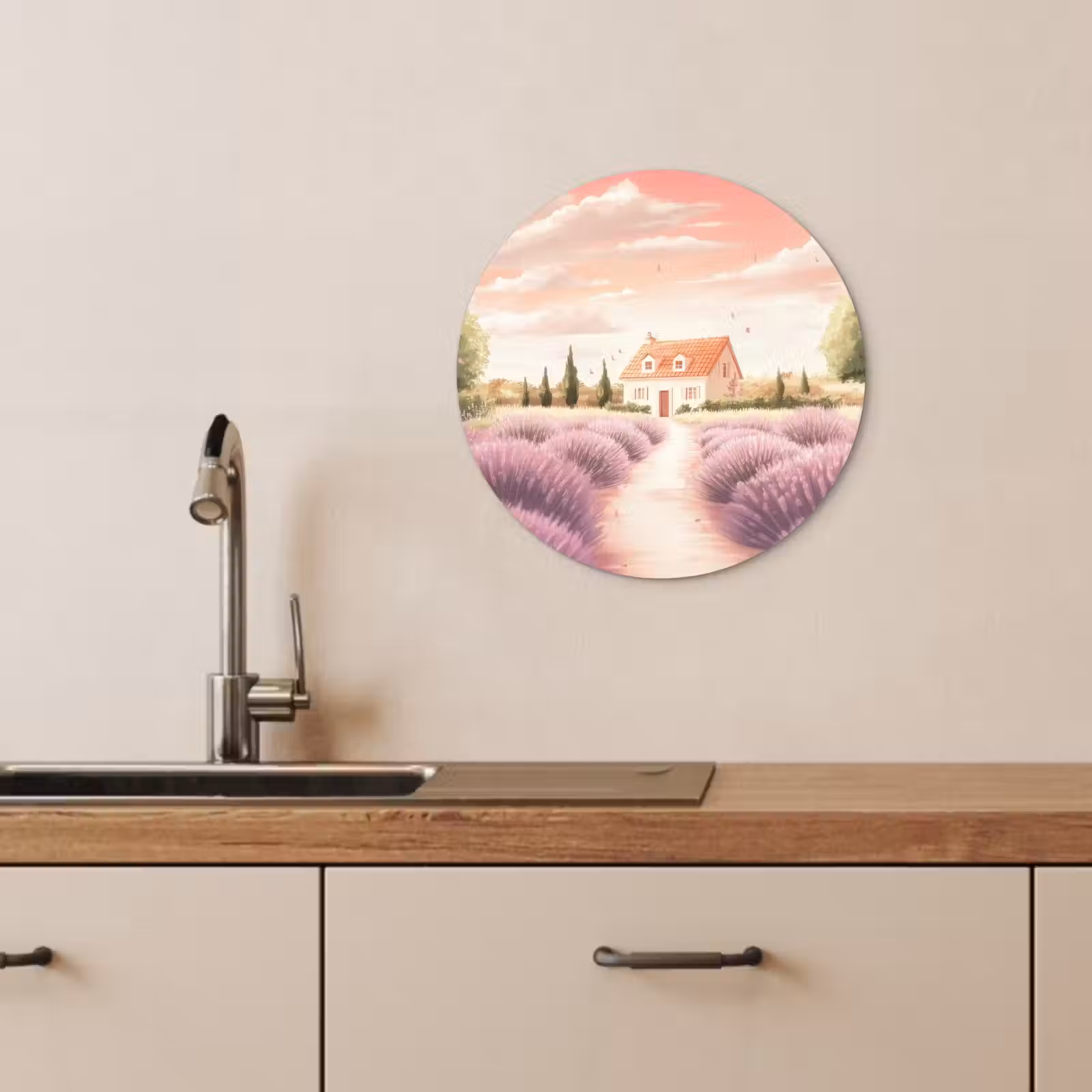 Quadro rotondo - Campo di lavanda - Casa - Viola — 1