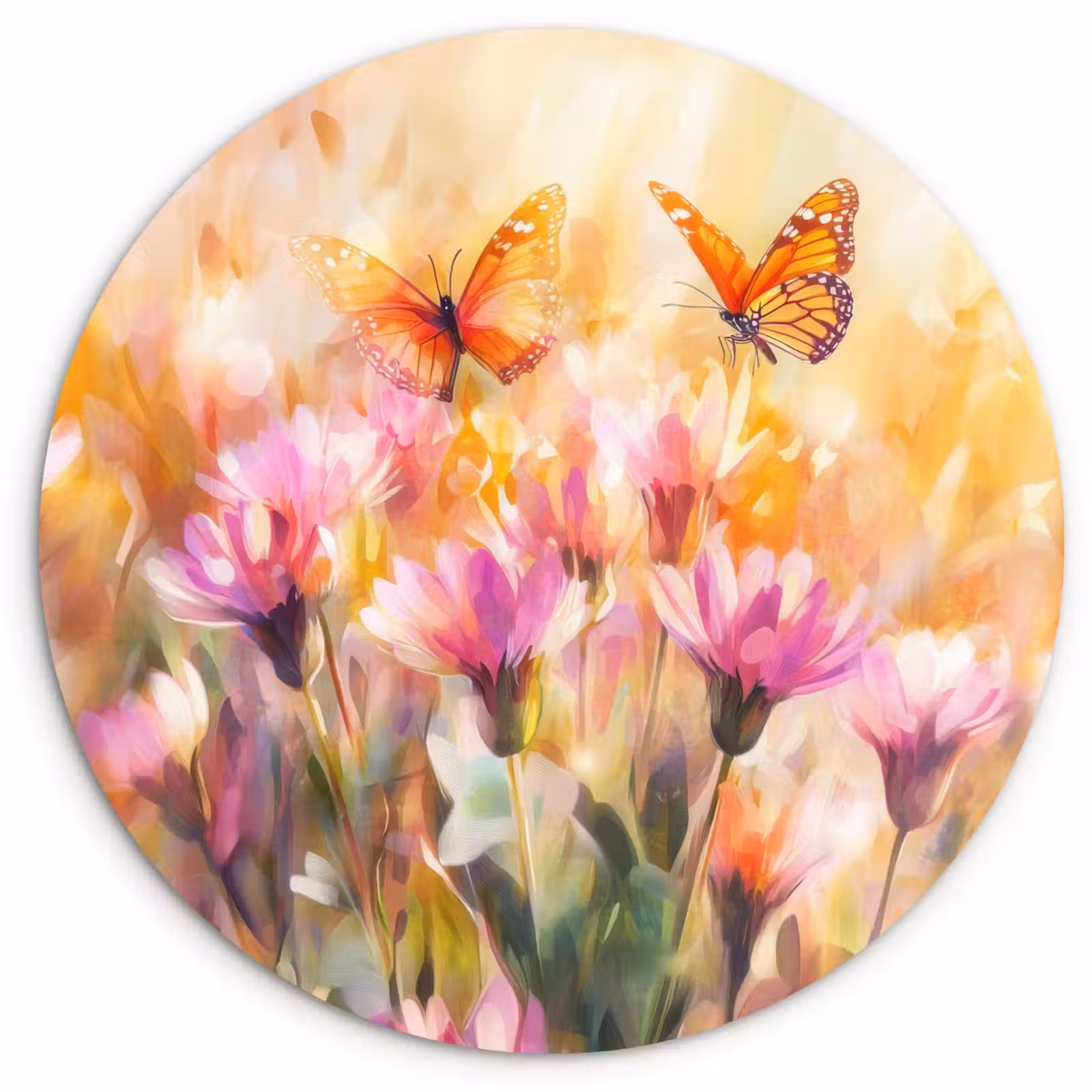 Quadro rotondo - Farfalle - Arancione - Fiori — 1