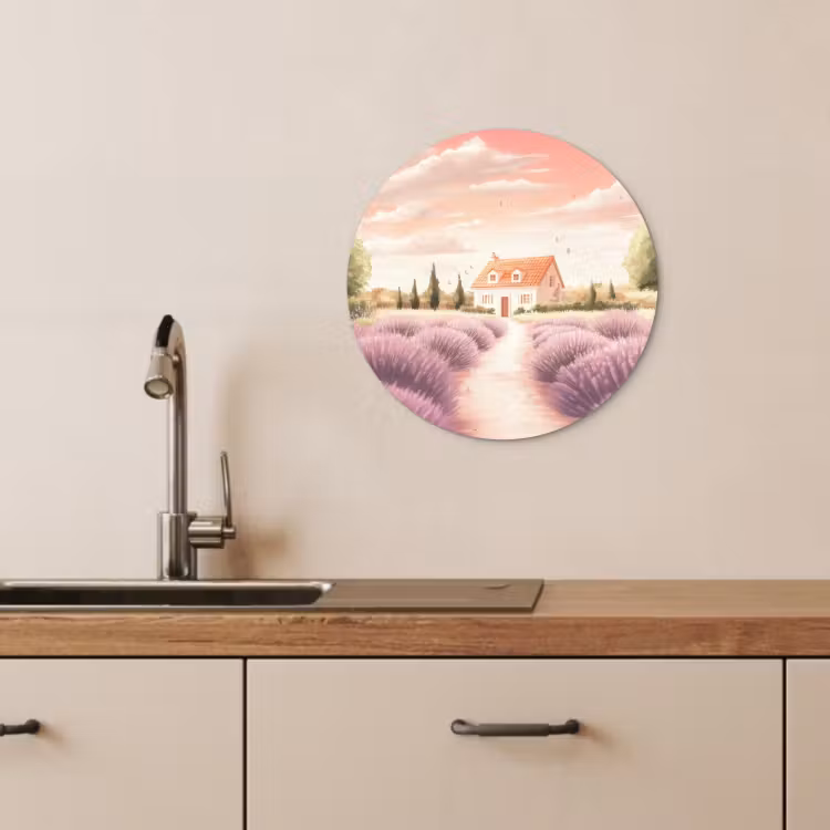 Quadro rotondo - Campo di lavanda - Casa - Viola — 1
