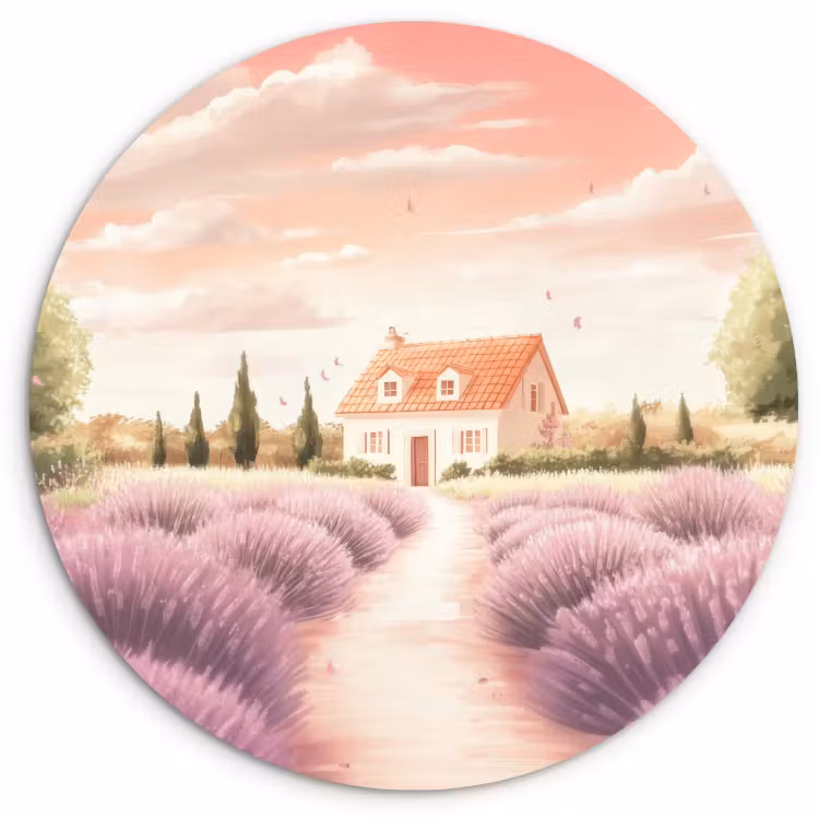 Quadro rotondo - Campo di lavanda - Casa - Viola — 2