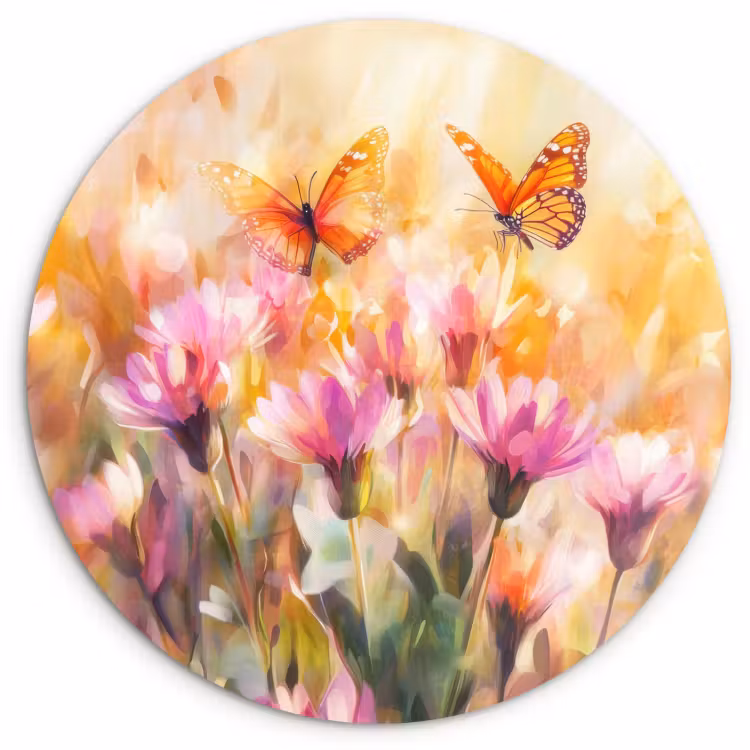 Quadro rotondo - Farfalle - Arancione - Fiori — 1
