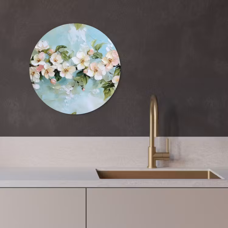 Quadro rotondo - Fiore - Foglie - Azzurro — 1