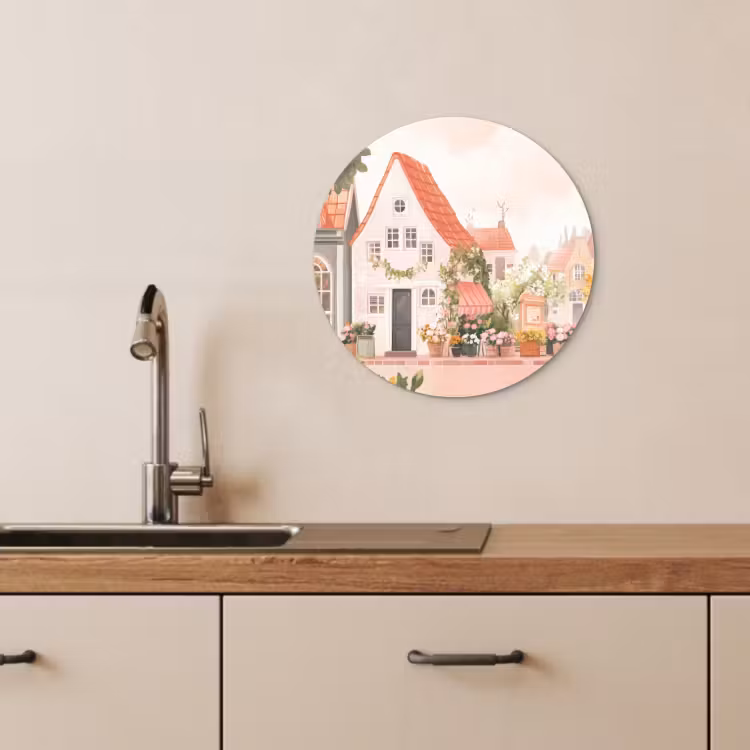 Quadro rotondo - Fiori - Case - Villaggio — 1