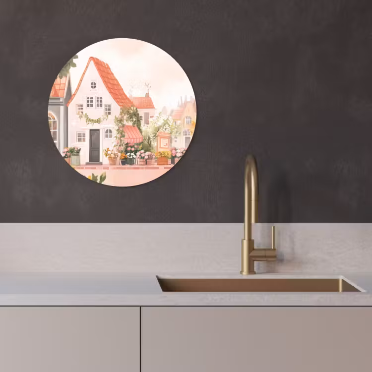 Quadro rotondo - Fiori - Case - Villaggio — 2