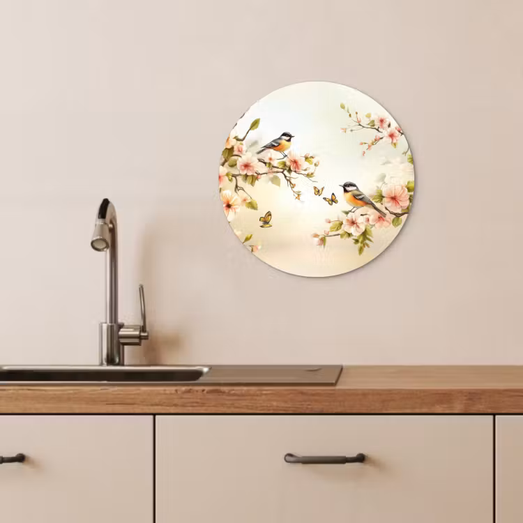Quadro rotondo - Rami - Fiori - Uccelli - Rosa — 1