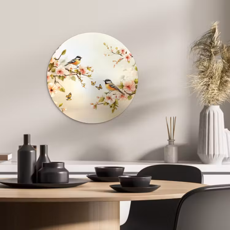 Quadro rotondo - Rami - Fiori - Uccelli - Rosa — 2