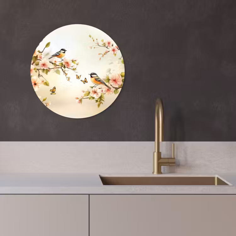 Quadro rotondo - Rami - Fiori - Uccelli - Rosa — 3