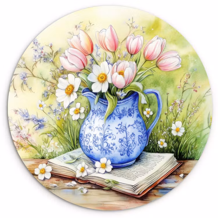 Quadro rotondo - Vaso - Blu Delft - Margherite — 1
