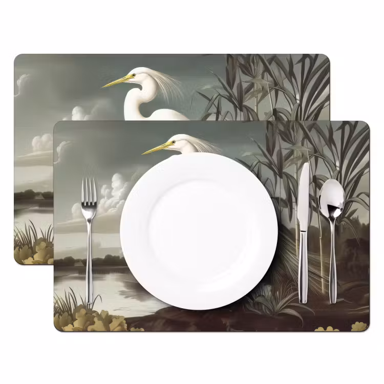 Tovaglietta in vinile - Airone - Piante - Nuvole - Bianco — 2