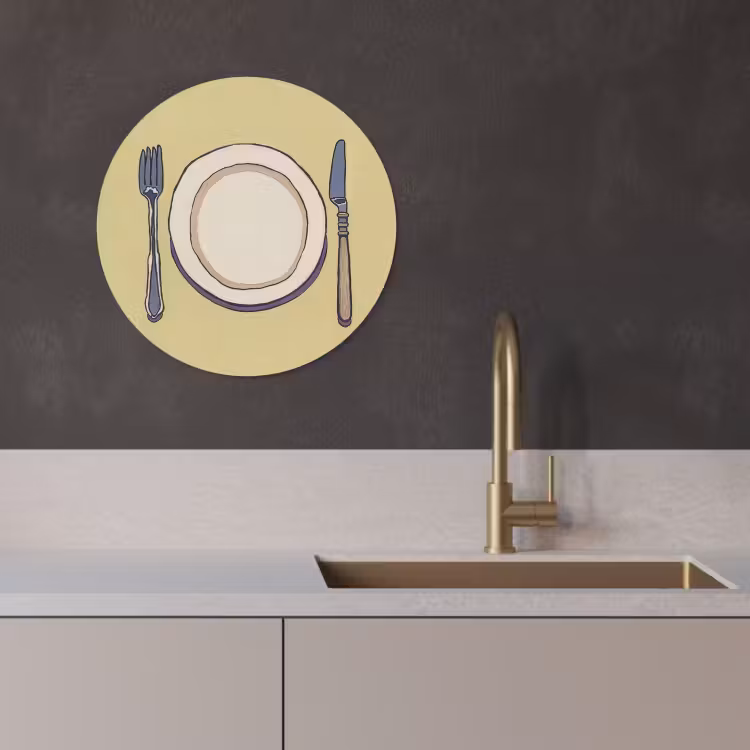 Quadro rotondo - Illustrazione - Piatto - Posate - Beige — 3