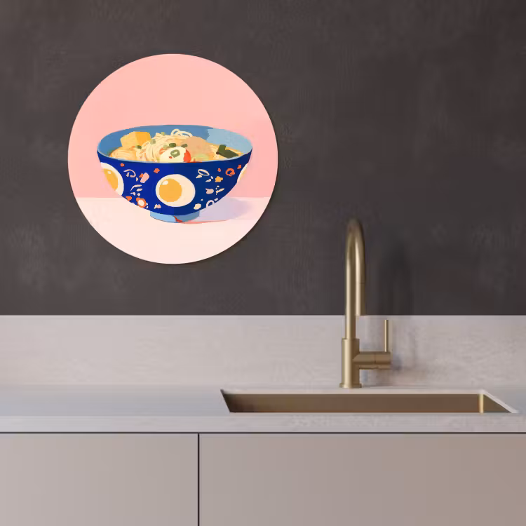 Quadro rotondo - Tagliatelle - Ciotola - Blu - Illustrazione — 3