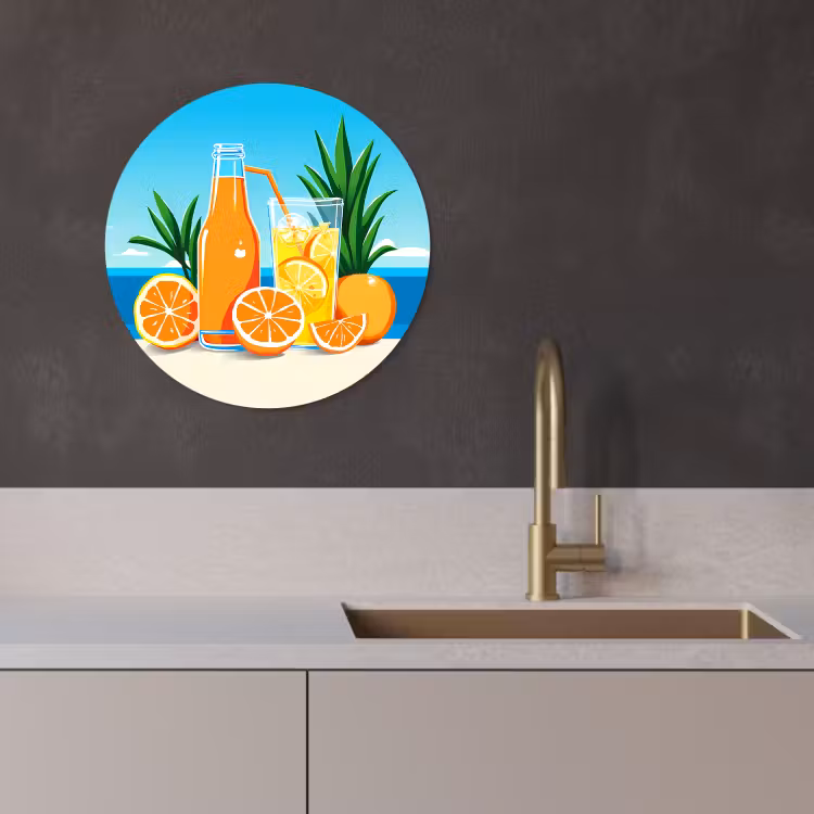 Quadro rotondo - Arance - Cubetti di ghiaccio - Mare - Illustrazione — 2