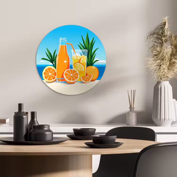 Quadro rotondo - Arance - Cubetti di ghiaccio - Mare - Illustrazione — 3