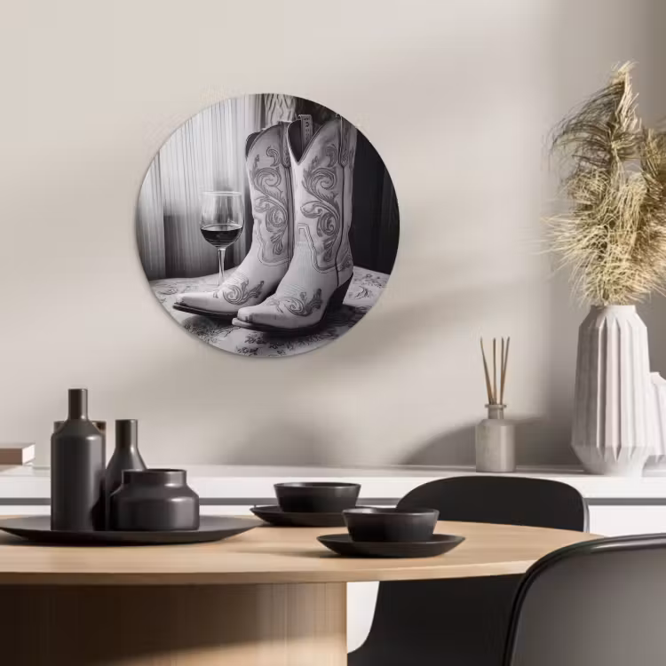Quadro rotondo - Vino - Stivali da cowboy - Luce alla finestra - Bianco — 4