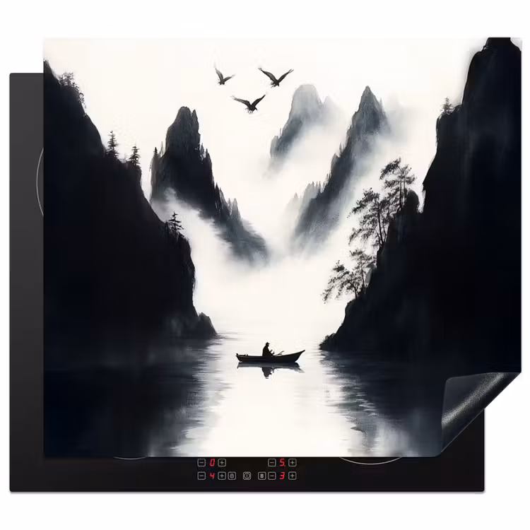 Protezione piano induzione - Barca a remi - Nebbia - Montagne - Uccelli — 1