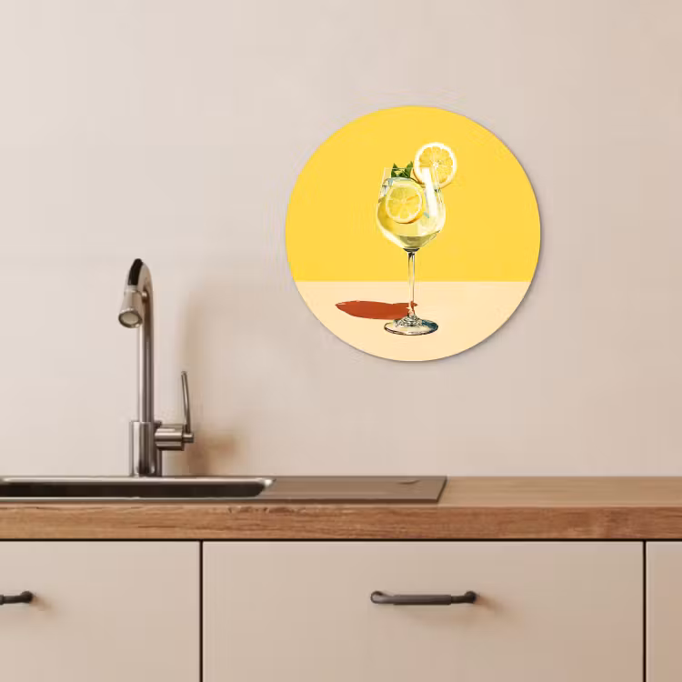 Quadro rotondo - Bicchiere da vino - Limone - Giallo - Minimalista — 1