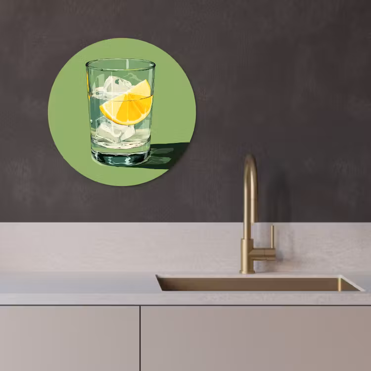 Quadro rotondo - Bicchiere - Limone - Cubetti di ghiaccio - Verde — 1
