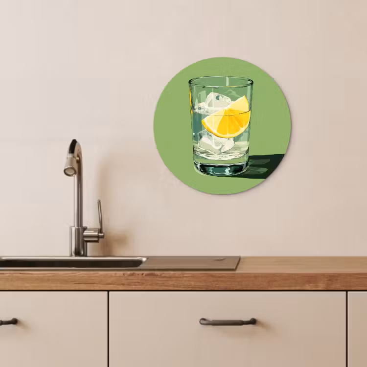Quadro rotondo - Bicchiere - Limone - Cubetti di ghiaccio - Verde — 2