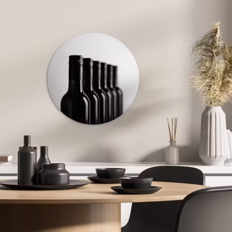Quadro rotondo - Bottiglie di vino - Nero - Minimalista — 1