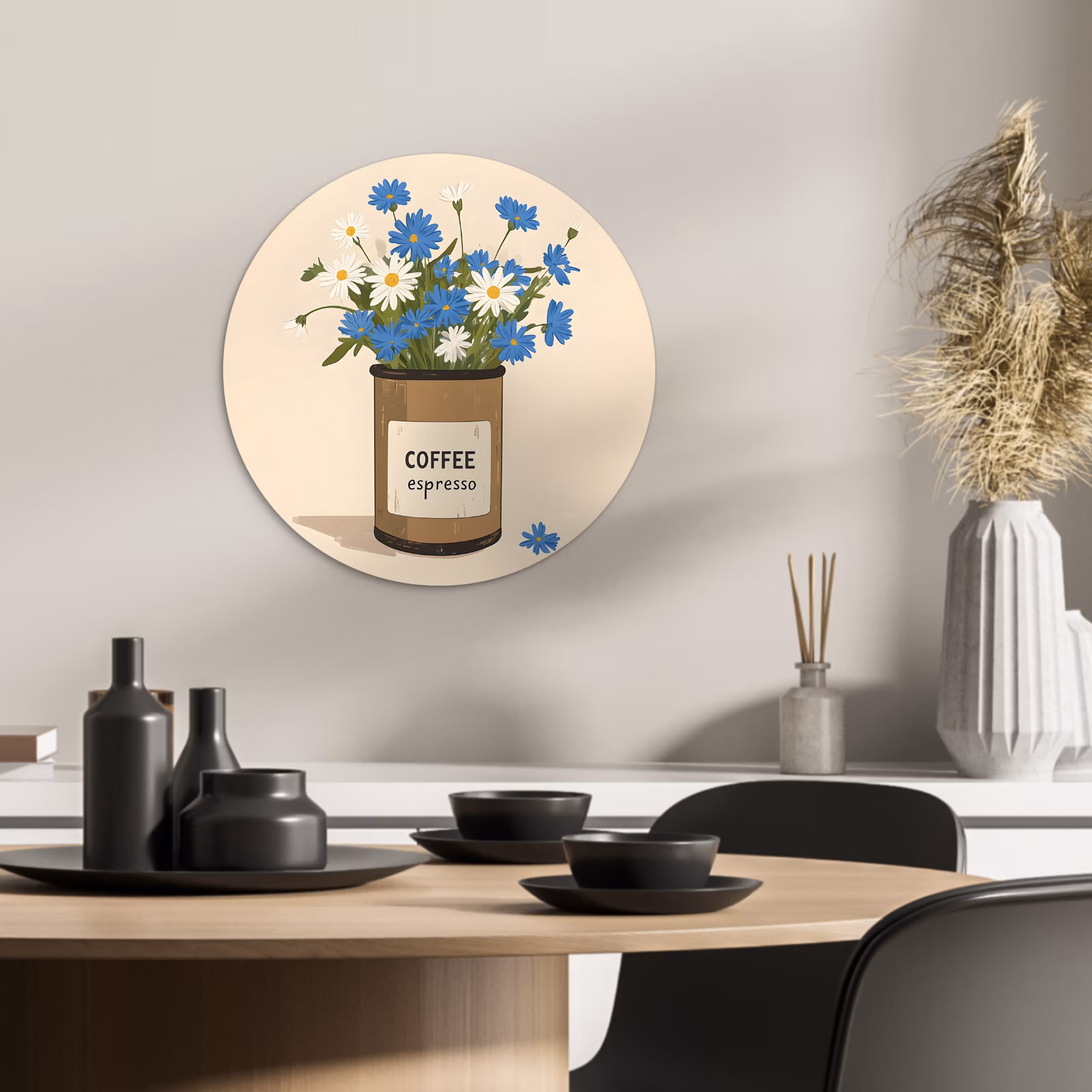 Quadro rotondo - Caffè - Latta - Minimalista - Fiori — 1