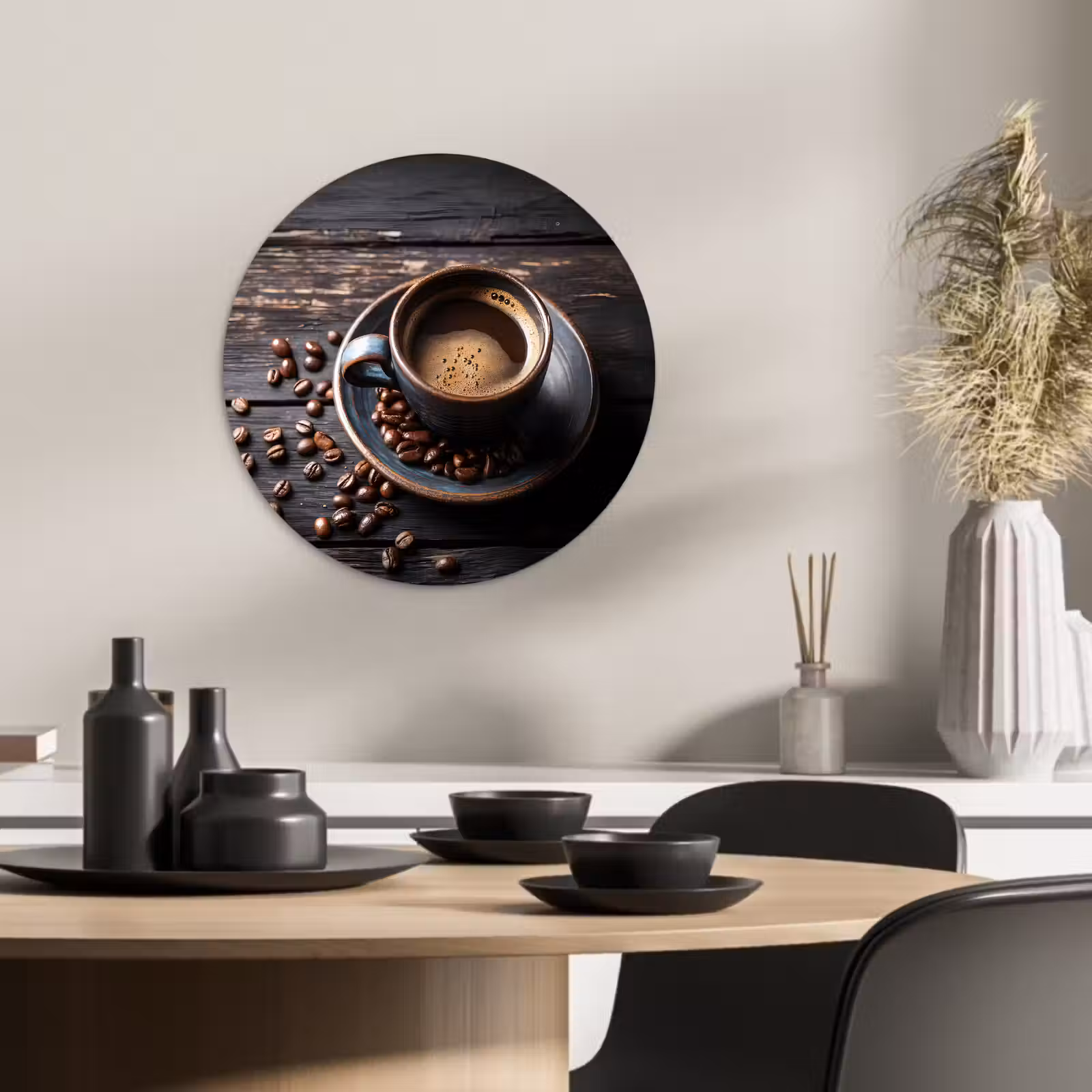 Quadro rotondo - Tazza - Caffè - Legno - Chicchi — 1