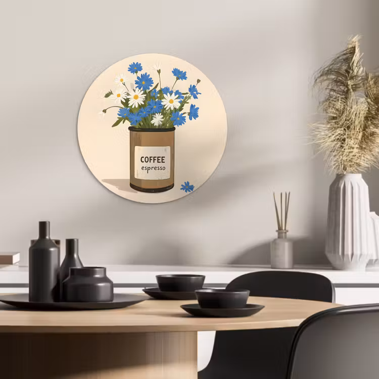 Quadro rotondo - Caffè - Latta - Minimalista - Fiori — 1