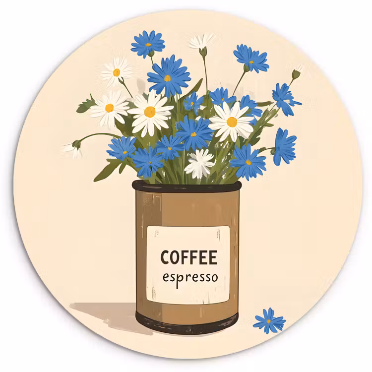 Quadro rotondo - Caffè - Latta - Minimalista - Fiori — 3