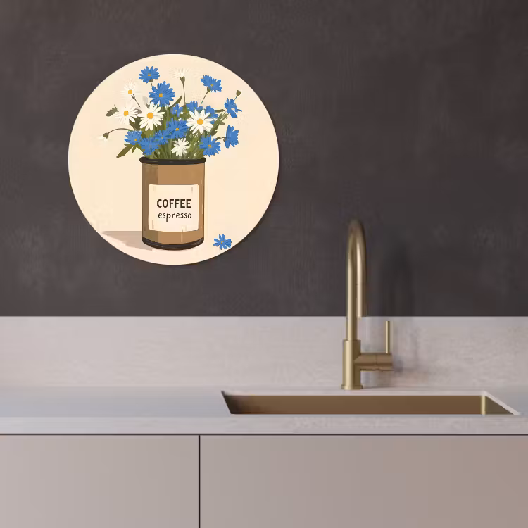 Quadro rotondo - Caffè - Latta - Minimalista - Fiori — 4