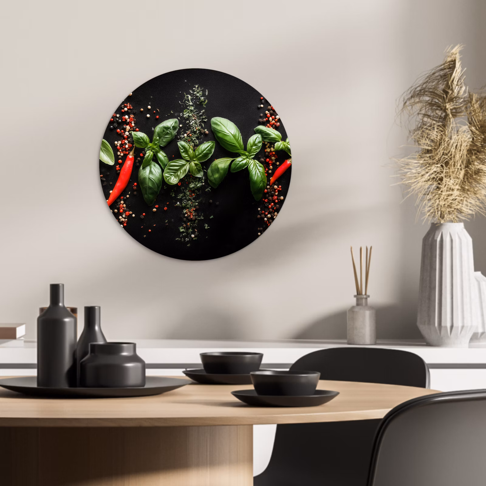 Quadro rotondo - Peperoncino - Basilico - Foglie - Rosso — 1